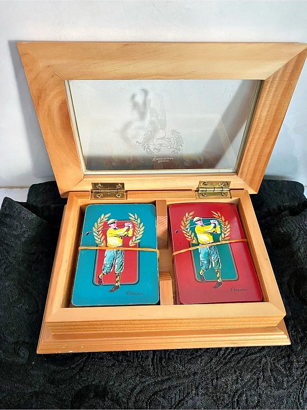 Vintage golf themed playing cards Wooden Display Box with Mirrored Lid - Red & B